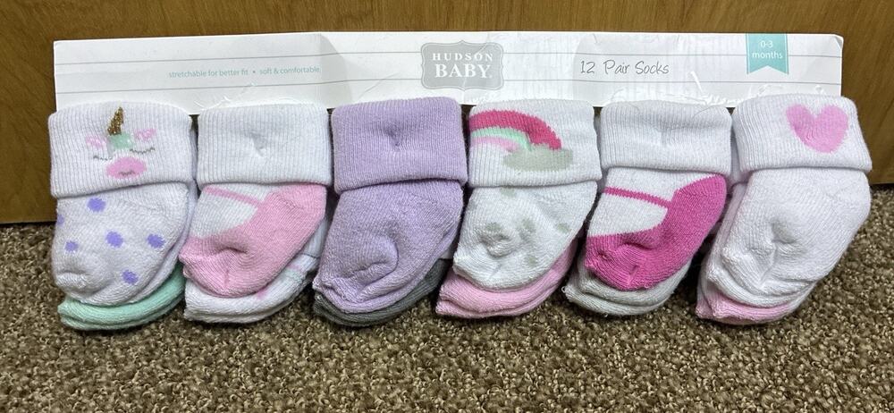 New Hudson Baby 0-3 mth 12 pairs Unicorn & Rainbow Pattern socks